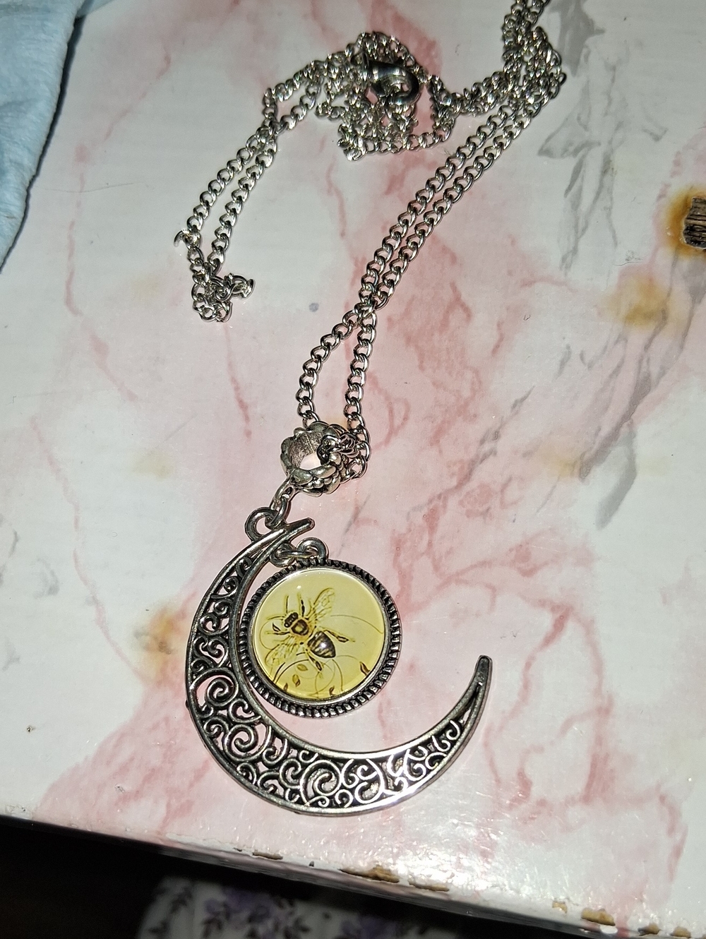 Silver Crescent Moon Bee Pendant Necklace in Yellow